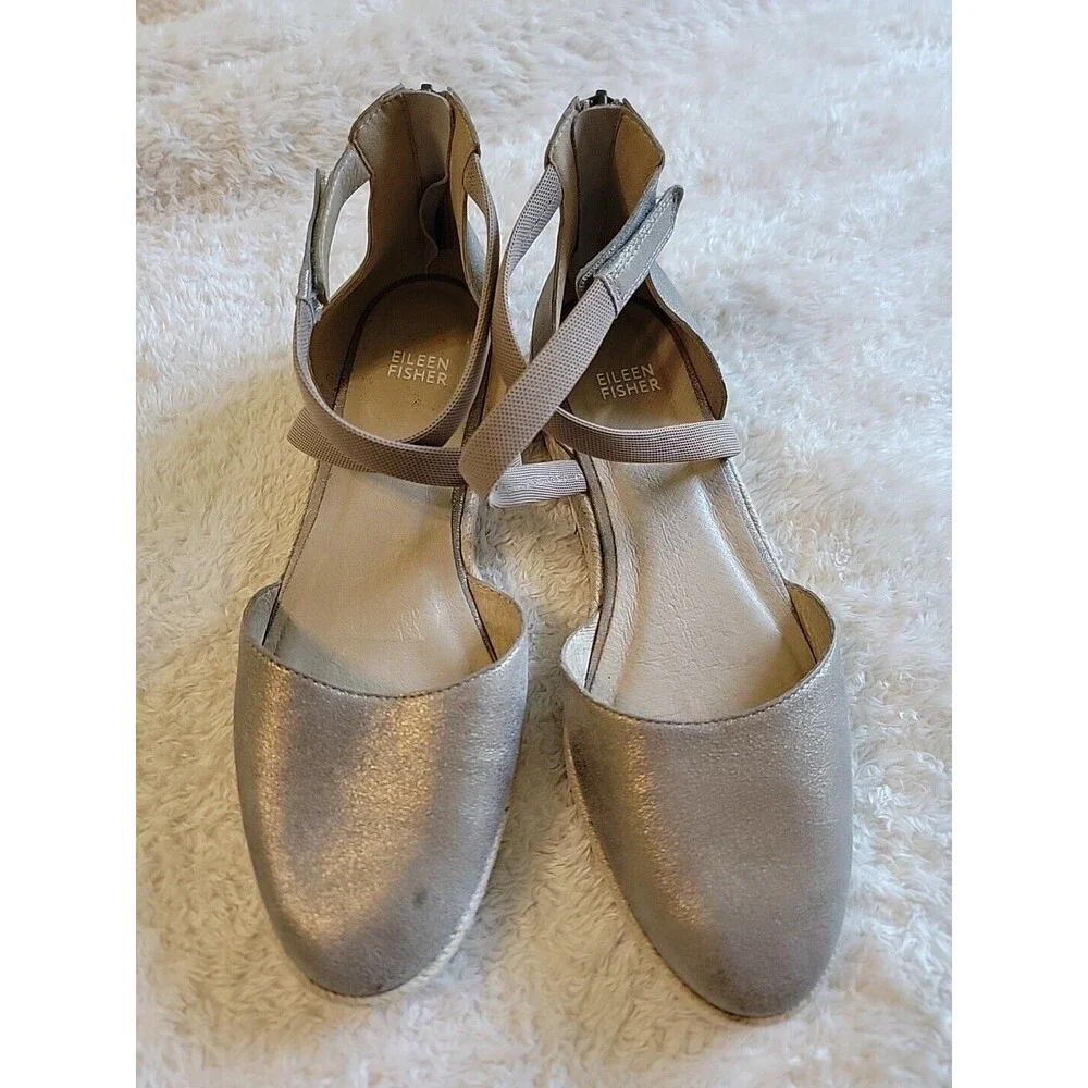 EILEEN FISHER Bisa Metallic Ankle Strap Zipper Back Flat Espadrille Shoes Sz 9.5